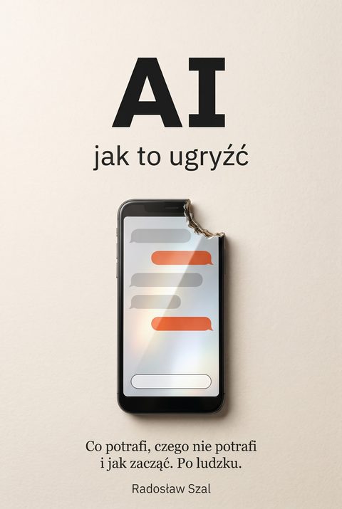 Okładka e-booka „AI - jak to ugryźć”: nadgryziony telefon z rozmową z czatbotem